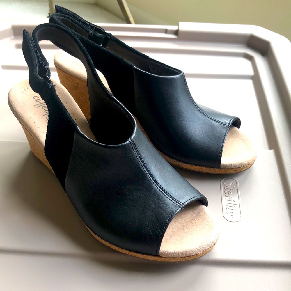 Clarks black wedge summer shoes, size 8M